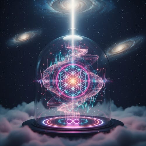 福宙(FuZhou)宇宙能量場概念圖,祈福(ChiFu)展示神聖幾何圖騰、螺旋光流與星空背景,象徵意識頻率的連結與共鳴。