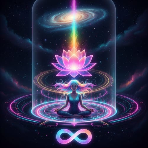 福宙冥想鏈接意象圖,展示蓮花圖騰、無限符號與星系能量流,象徵個人意識與宇宙高頻率的精準校準。