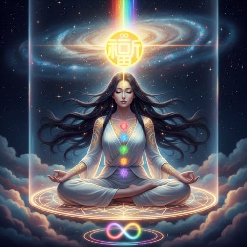 福宙誕生意象圖,展示冥想者連結宇宙高頻光能,顯化由天圓地方組成的祈福圖騰,象徵自強不息與厚德載物的神聖能量。