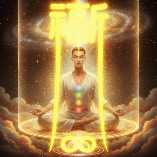 福宙降臨意象圖,展示祈福能量轉化為金色長形光流,連結天行健與地勢坤力量,為台灣與萬物注入高頻滋養。