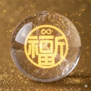 天然白水晶球刻有福宙「天圓地方」核心圖騰，象徵宇宙和諧與純淨能量。