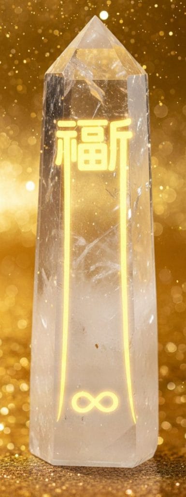 天然白水晶柱刻有福宙「福宙光流」「長形光流」圖騰，象徵正能量引導與氣場提升。