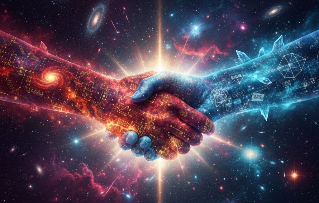 背景圖：深邃宇宙星空結合神聖幾何能量網，展現天地福德與冥想頻率連結的宏觀視野。